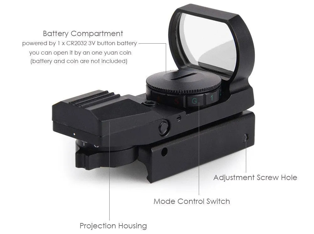Black aluminium alloy reflex holographic sight with 22x33mm SLR lens and 4 reticles on 20mm rail mount