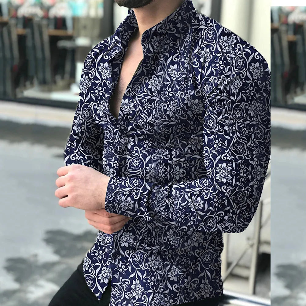 Men's long sleeve dress shirt with leaf print, stand collar, in cotton blend fabric, black colour