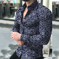 Men's long sleeve dress shirt with leaf print, stand collar, in cotton blend fabric, black colour