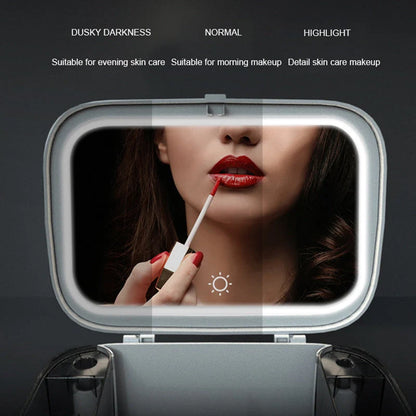 Large capacity LED makeup organizer with mirror and jewelry storage in apricot and grey