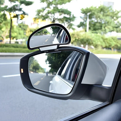 Black adjustable car blind spot mirror with 360-degree lens and 3M adhesive on rearview mount