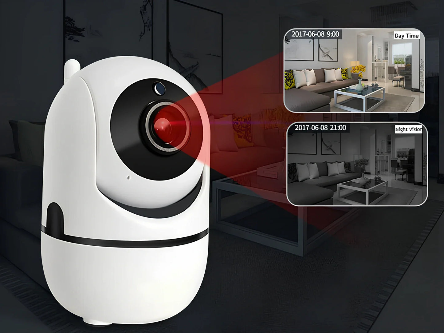 White WiFi security camera with 360 rotation and infrared night vision for home monitoring