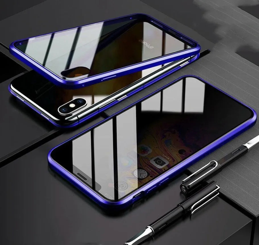 Glass anti-spy clamshell phone case in multiple colours for iPhone models.
