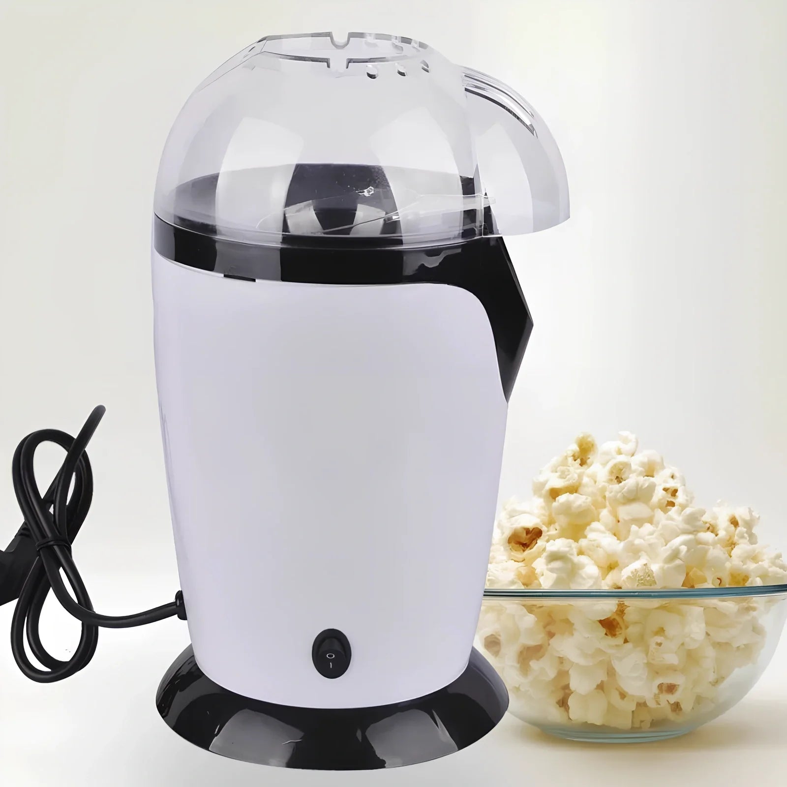 White hot air popcorn maker with measuring cup and removable chute