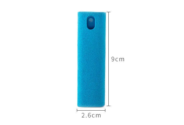 Blue LCD screen cleaner spray bottle 10ml with white cap next to a microfiber cloth