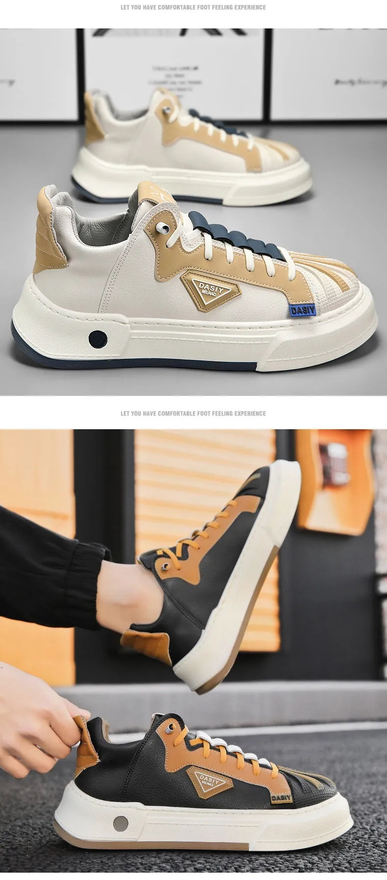 Men's low-top beige sneakers with elastic band and microfiber leather upper