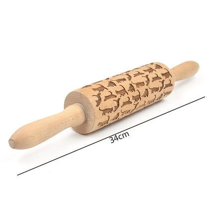 Wooden Christmas embossing rolling pin with non-stick surface for festive baking