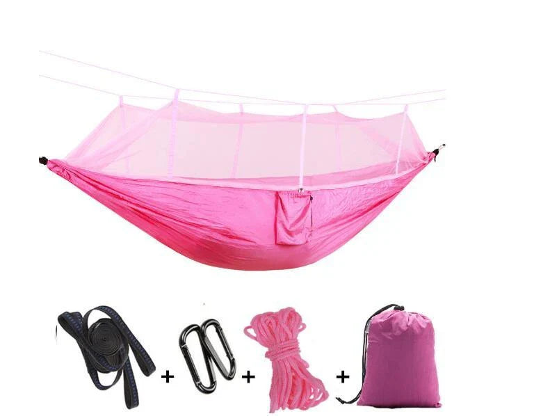 Parachute hammock with mosquito net in various colors and sizes, ideal for outdoor adventures and relaxation