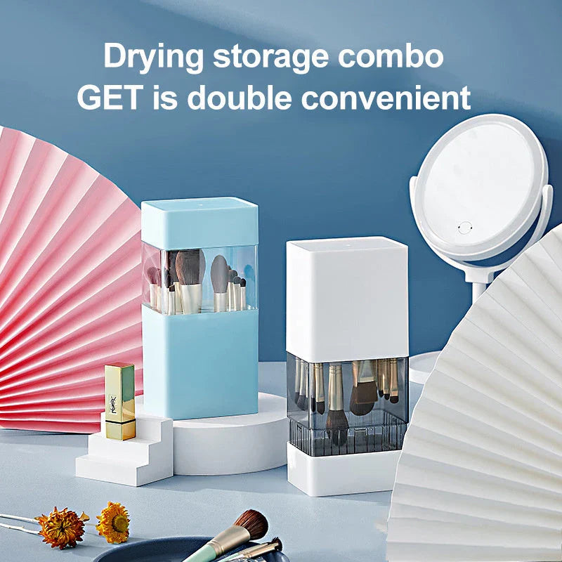 Inverted makeup brush storage bucket in white, blue, and pink for organised dressing tables