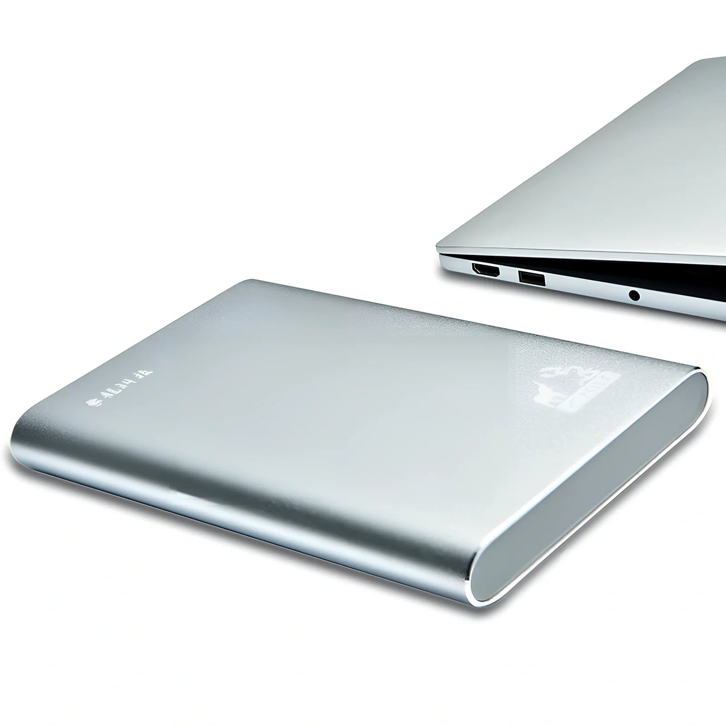 Black and silver 2.5-inch metal mobile hard drive with USB 3.0 connector showing activity light