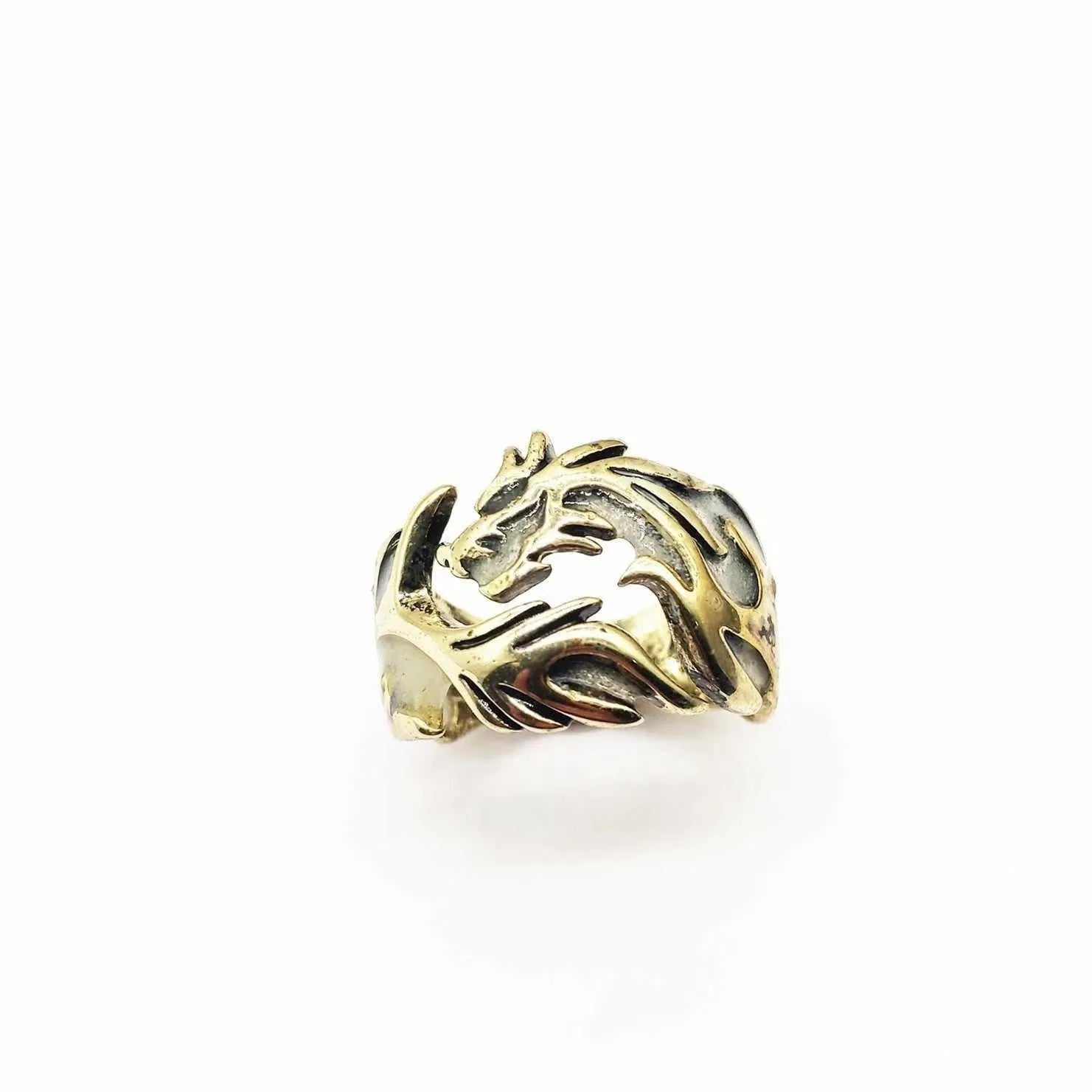 Adjustable Chinese style metal ring with luminous dragon pattern in antique silver blue green finish