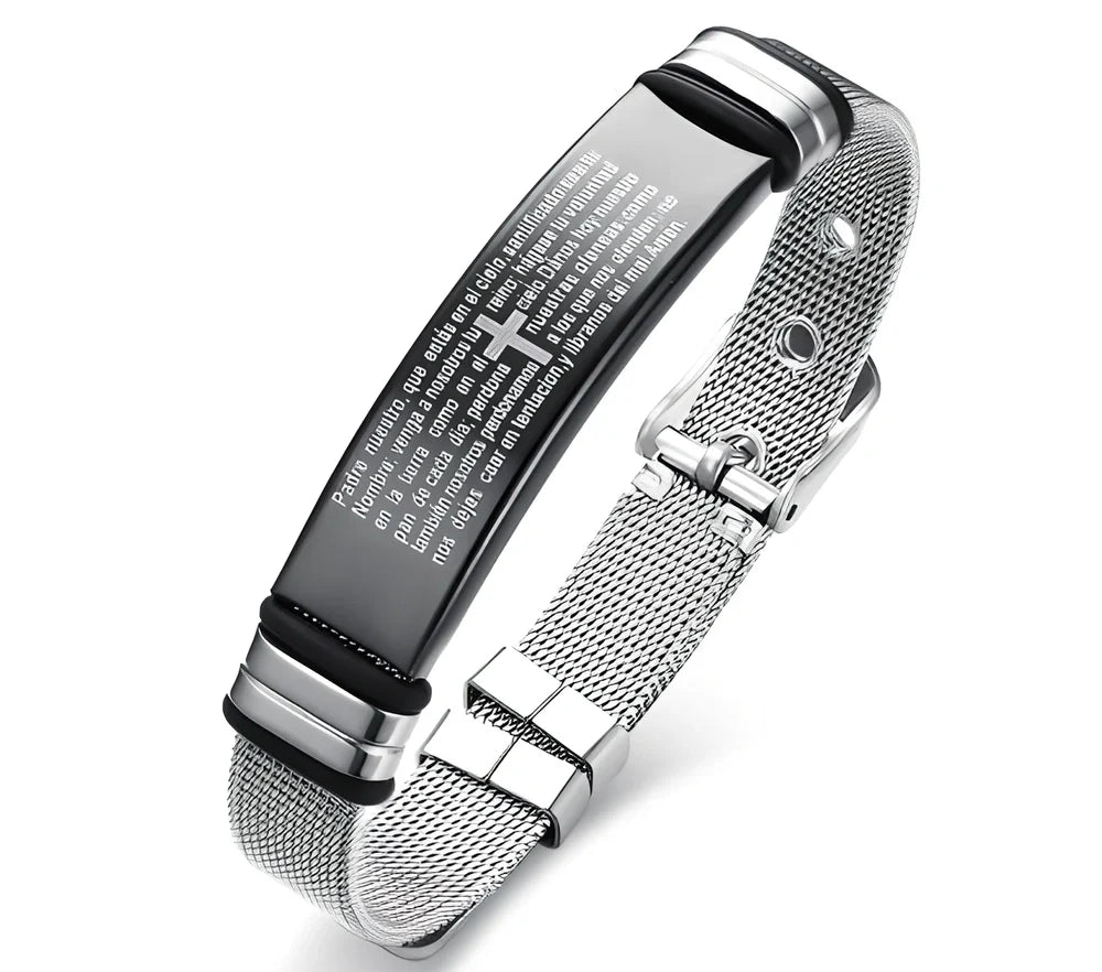 Men's adjustable stainless steel cross Bible charm bracelet, 12mm width, 17.5-22cm length, rust-resistant 316L metal with rope chain