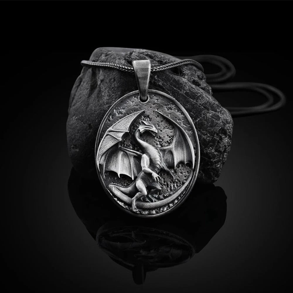 Men's Western Dragon Pendant Necklace in titanium steel with pure tin pendant