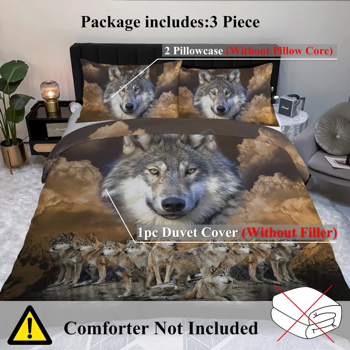 Brown wolf pack design 3 piece bedding set with microfiber comforter and two pillow shams