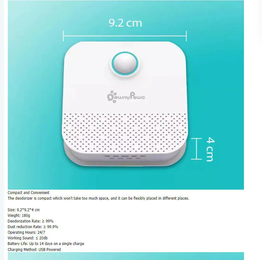 White DownyPaws smart cat odor purifier measuring 9.2x9.2x4 cm with USB charging port