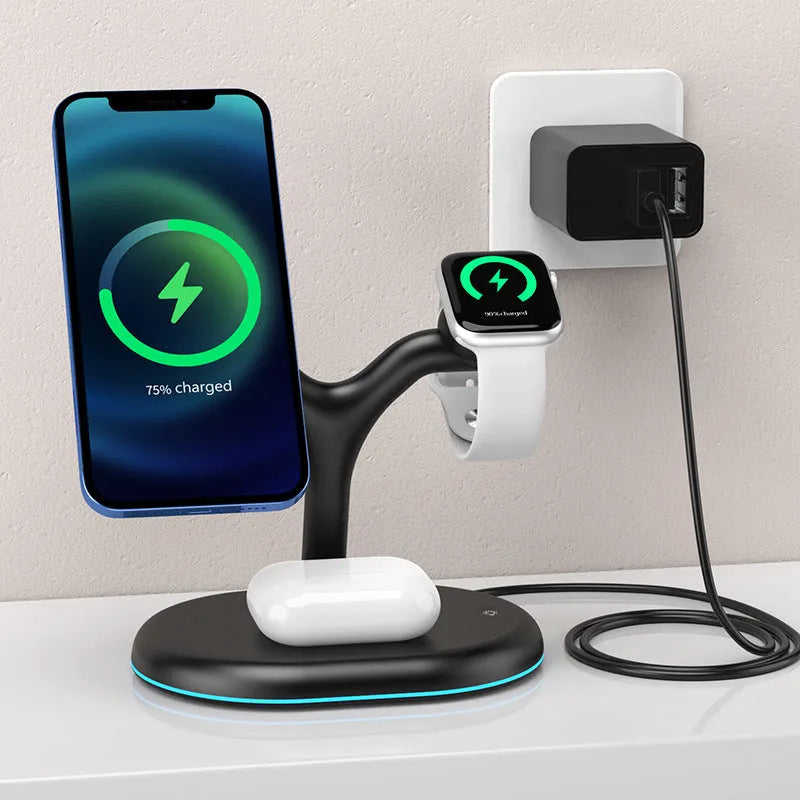 Black magnetic three-in-one wireless charging stand with vertical phone orientation and included TYPE-C cable