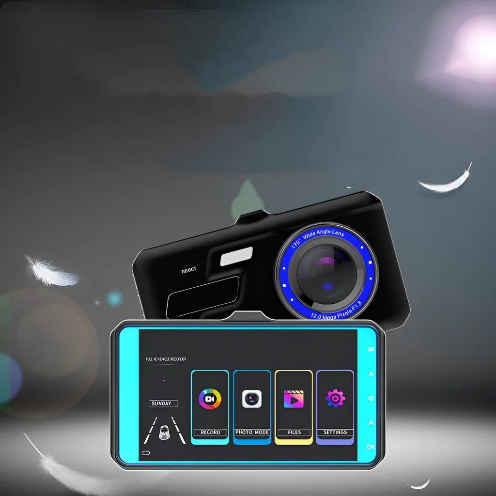 Black dual lens car dash cam with 4-inch touch screen display
