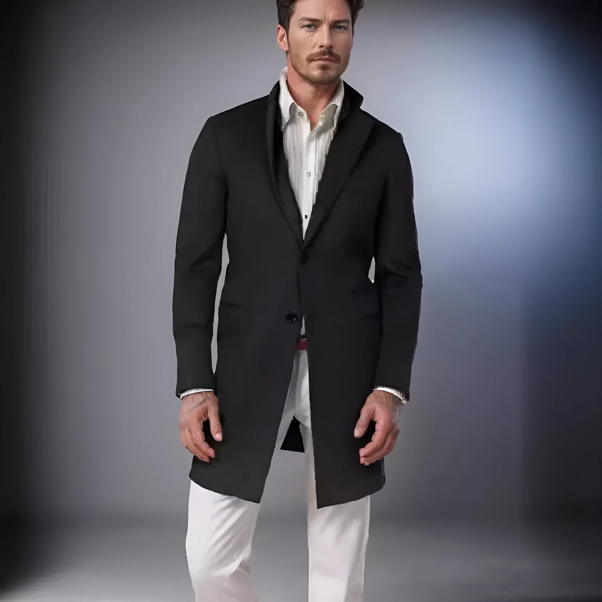 British-style medium-length slim fit men's wool winter coat in navy blue