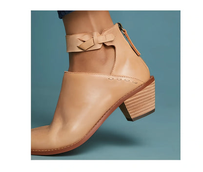 Women's black cut-out ankle boots with buckle strap, back zipper, 3-5cm heel in artificial PU, size 36 shown