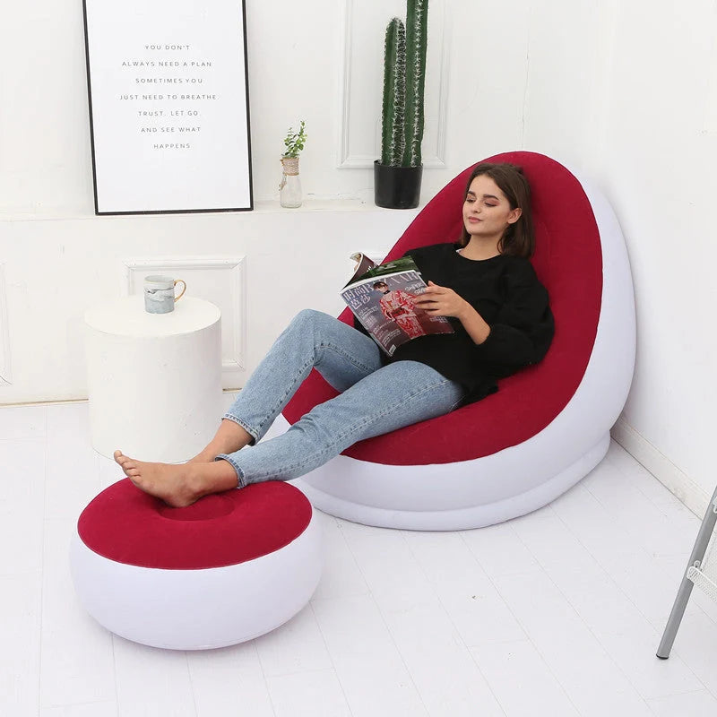 Inflatable flocking sofa in various colours, showcasing ergonomic design and portability