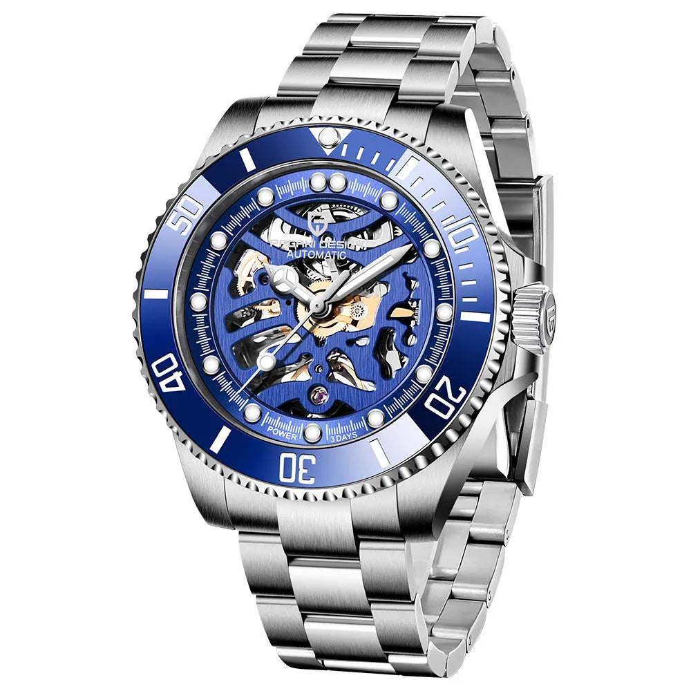 PAGANI steel band mechanical watch with luminous dial showing 43mm diameter