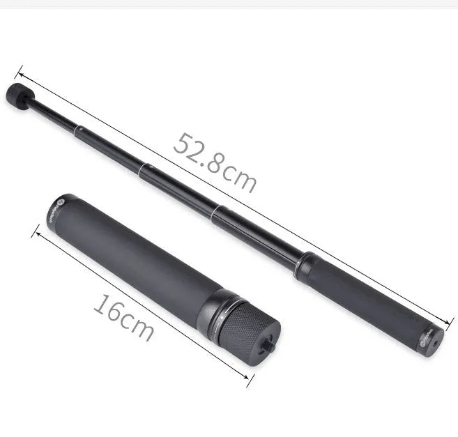 Black retractable aluminium selfie stick extended, with a smartphone mounted on the holder.