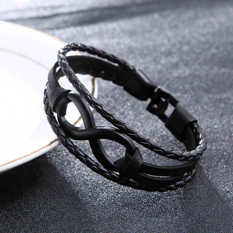 Alloy lucky figure 8 leather bracelet with adjustable leather strap and stainless steel accents