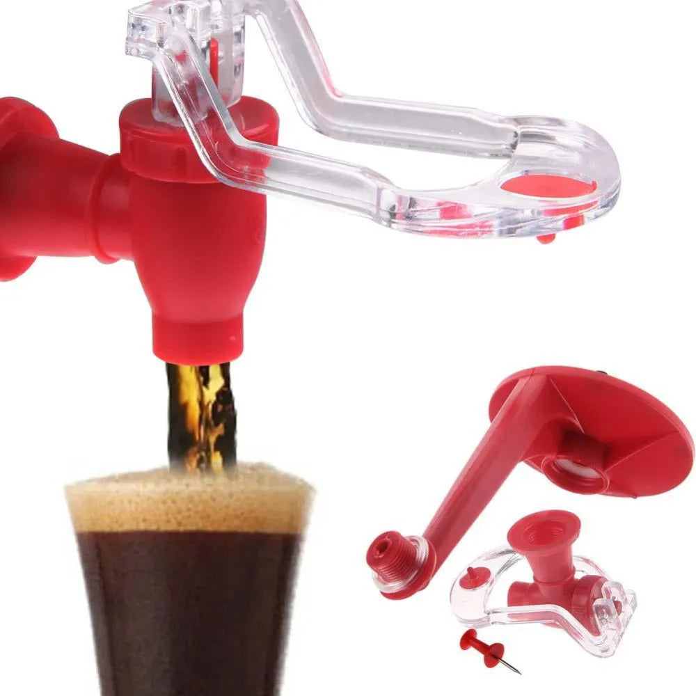 Red plastic Magic Tap soda dispenser for 2-liter bottles with push-button mechanism