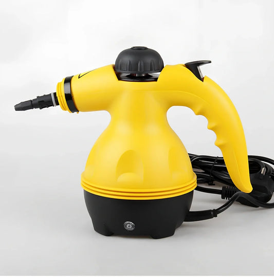 Yellow handheld steam cleaner with 450ml tank, 26 x 21cm size, 1882g weight for home sanitising