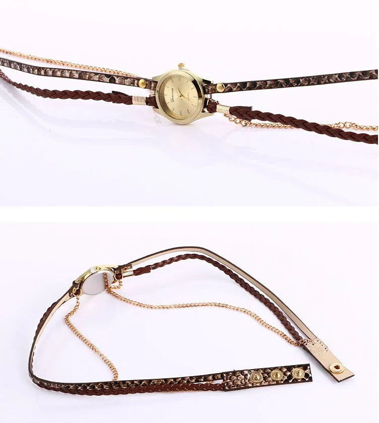 Ladies wrap watch with leopard weave bracelet, round alloy case, and quartz movement