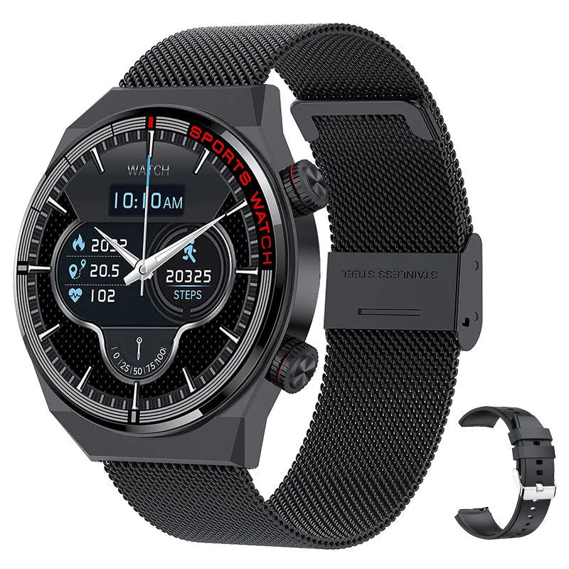 Smartwatch with rotary dial on case, genuine leather strap, and 1.3-inch display showing health stats.