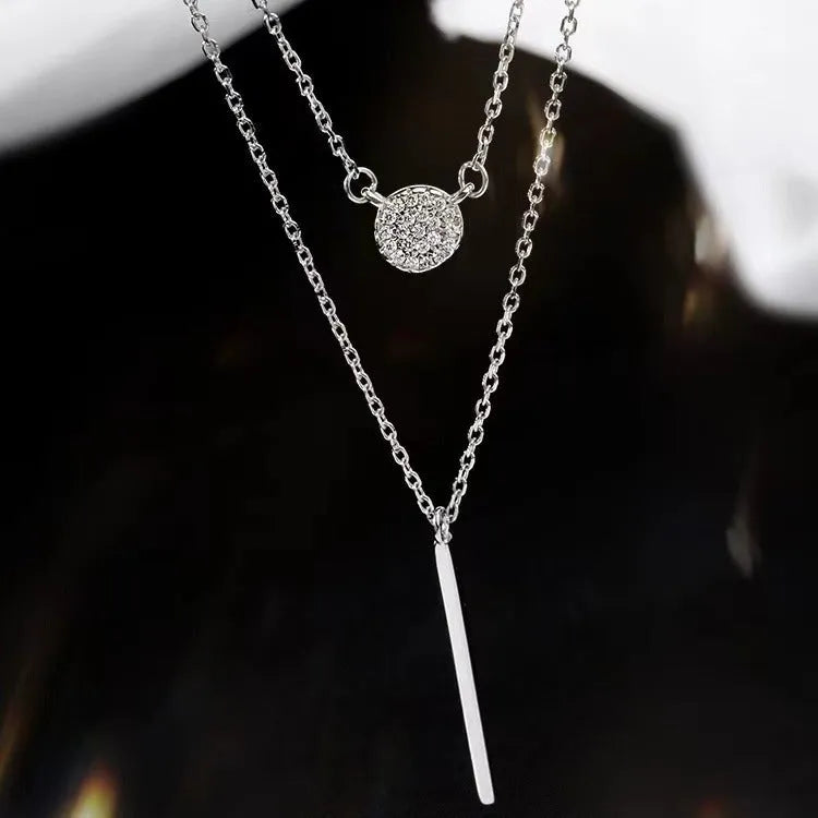 S925 silver double chain long stick micro pave zircon round pendant necklace for women white gold colour