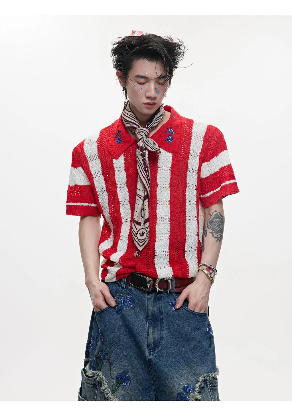 Men's retro patchwork striped knitted shirt in loose fit with short sleeves