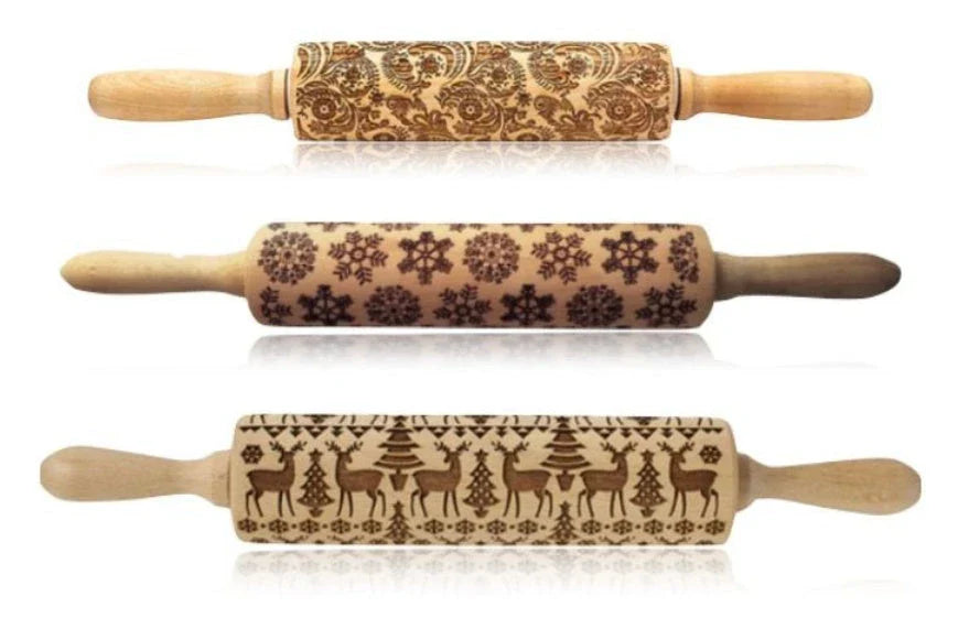 Wooden Christmas embossing rolling pin with non-stick surface for festive baking