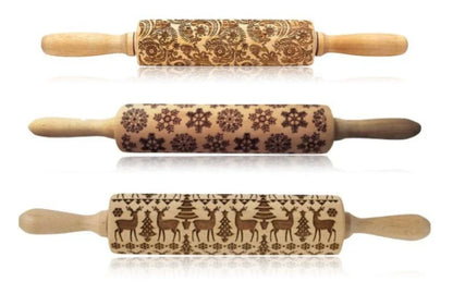 Wooden Christmas embossing rolling pin with non-stick surface for festive baking