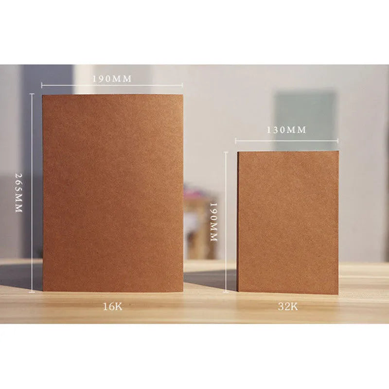 Brown kraft paper sketchbook open to show blank pages, showcasing wireless binding and 16K or 32K size.