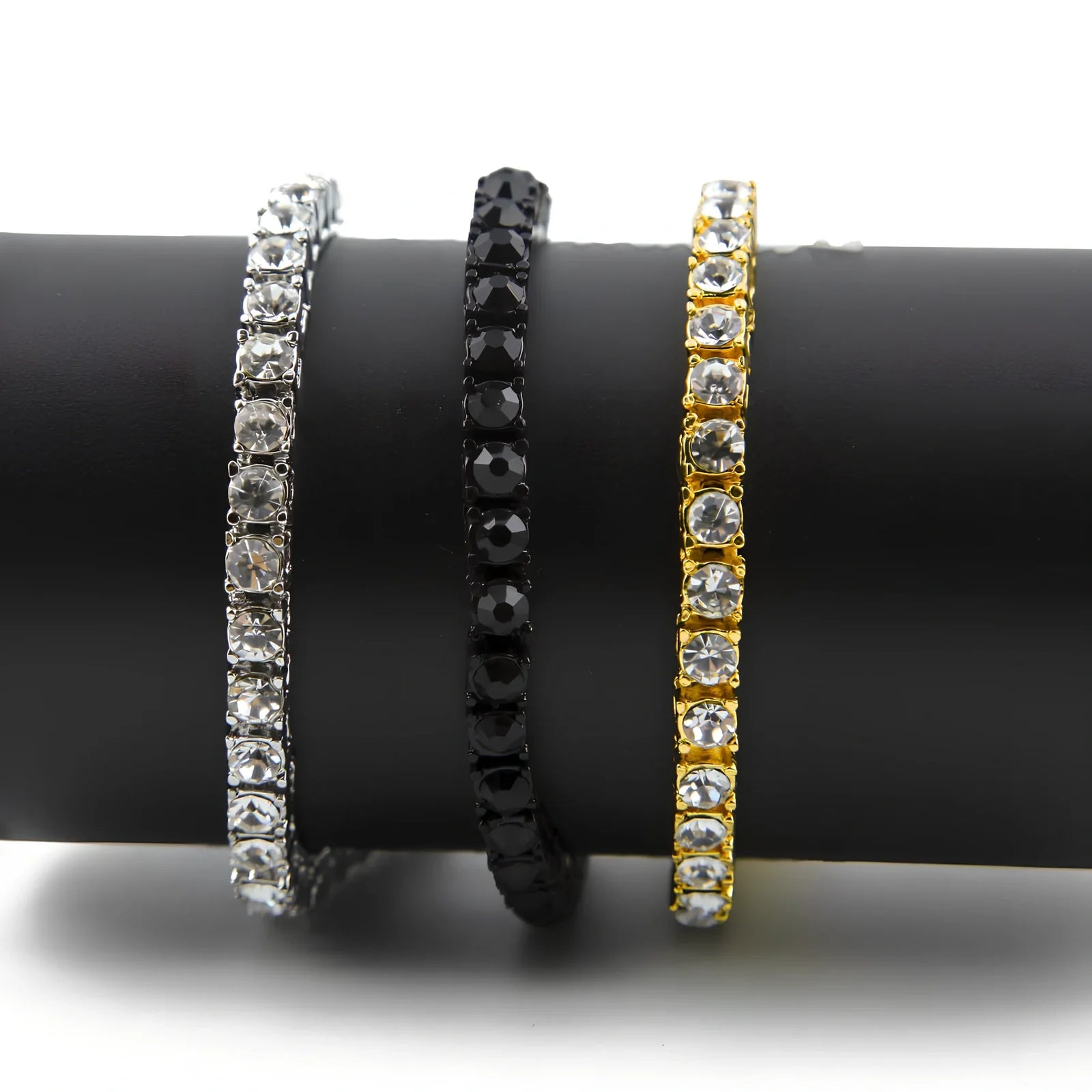 Gold iced hip hop bracelet with AAA rhinestone geometric chain, 5mm width 8 inch length on wrist