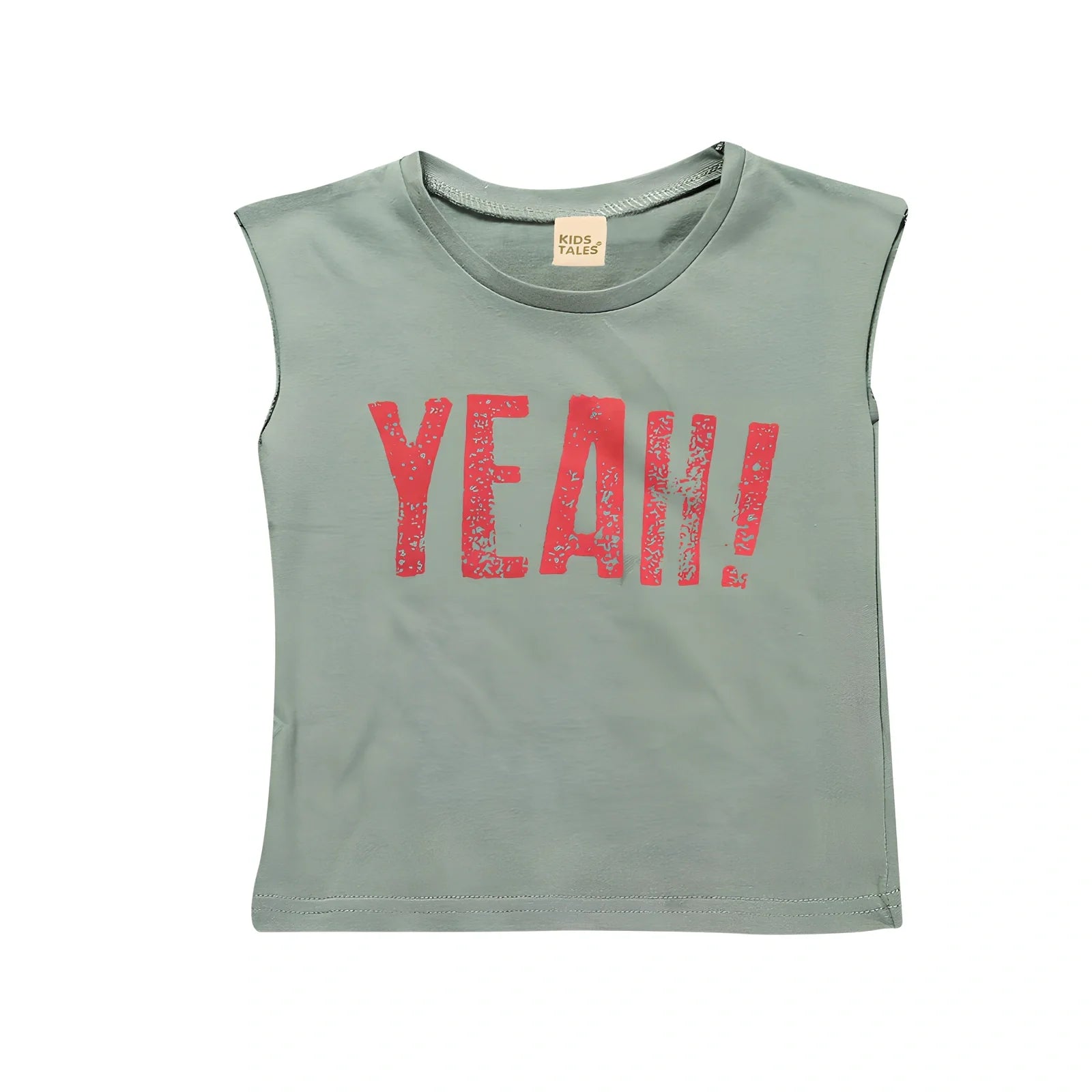 Children's sleeveless cotton t-shirt in army green with letter print, size 100 for 90-100cm height, bust 68cm