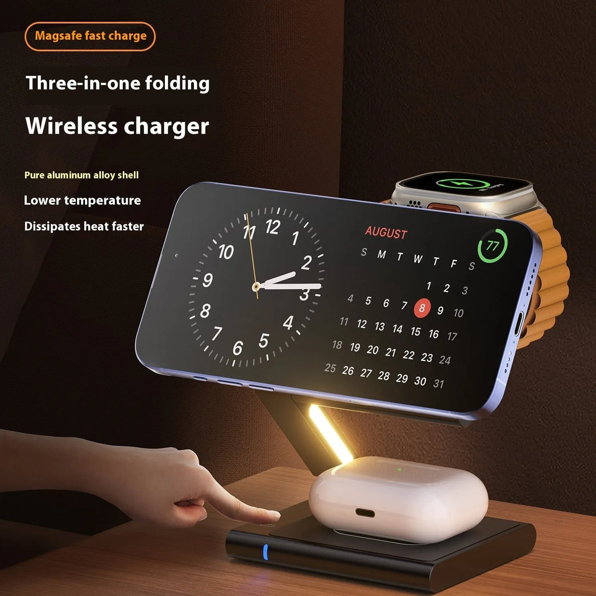 C40 aluminium alloy 3-in-1 folding wireless charger charging phone earphones and Apple Watch – black finish