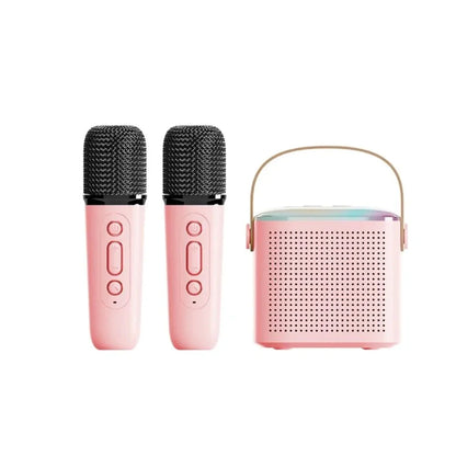 Portable karaoke machine with dual wireless microphones and RGB lighting