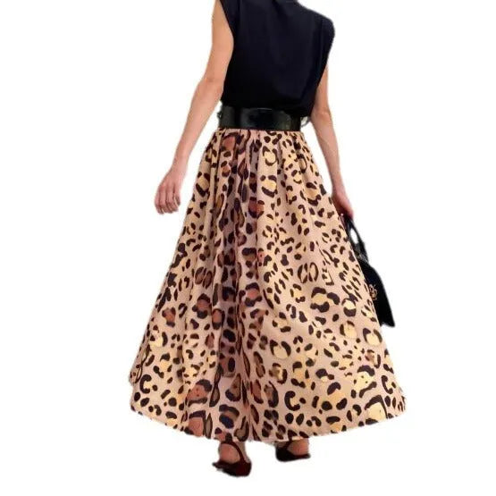 Brown leopard print women's A-line long skirt with an elasticated waistband.