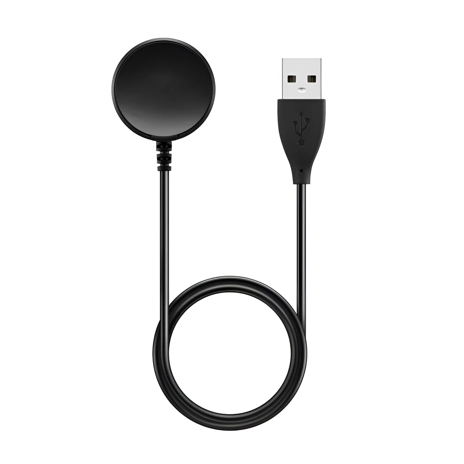 Black USB wireless fast charger for smartwatches measuring 34 x 10mm with charging cable