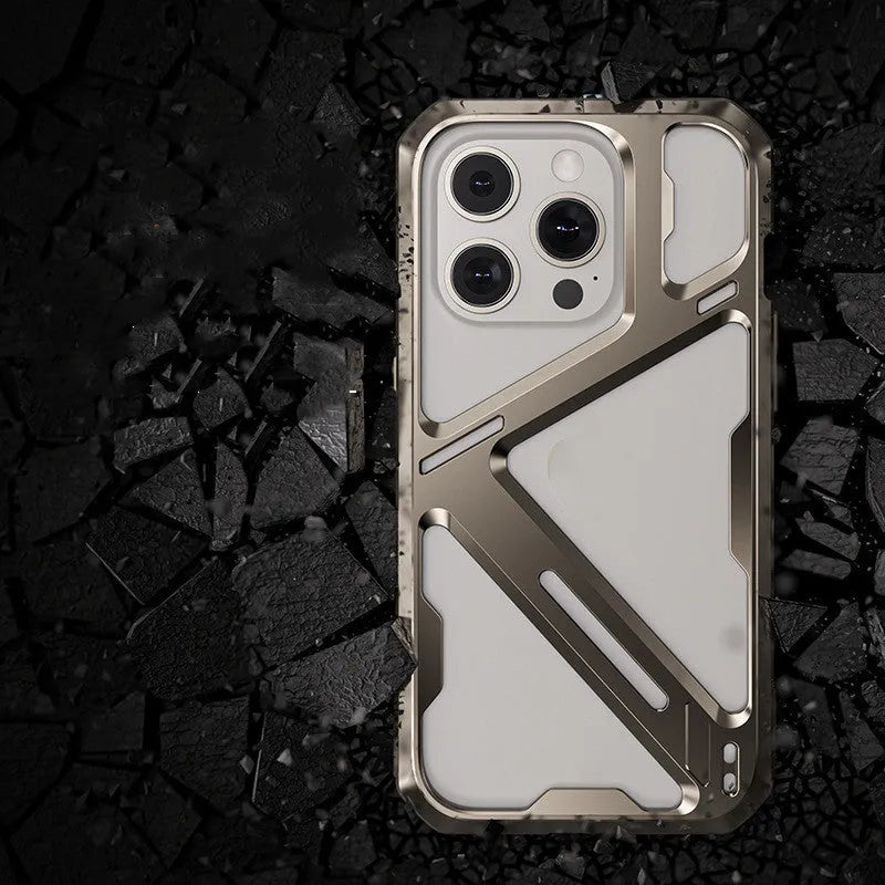Titanium alloy metal phone case for iPhone with hollow heat dissipation design in titanium gray colour
