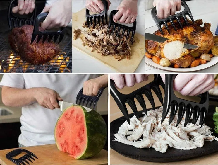 Two black bear claw meat shredding forks for barbecue and kitchen use on a kitchen counter.