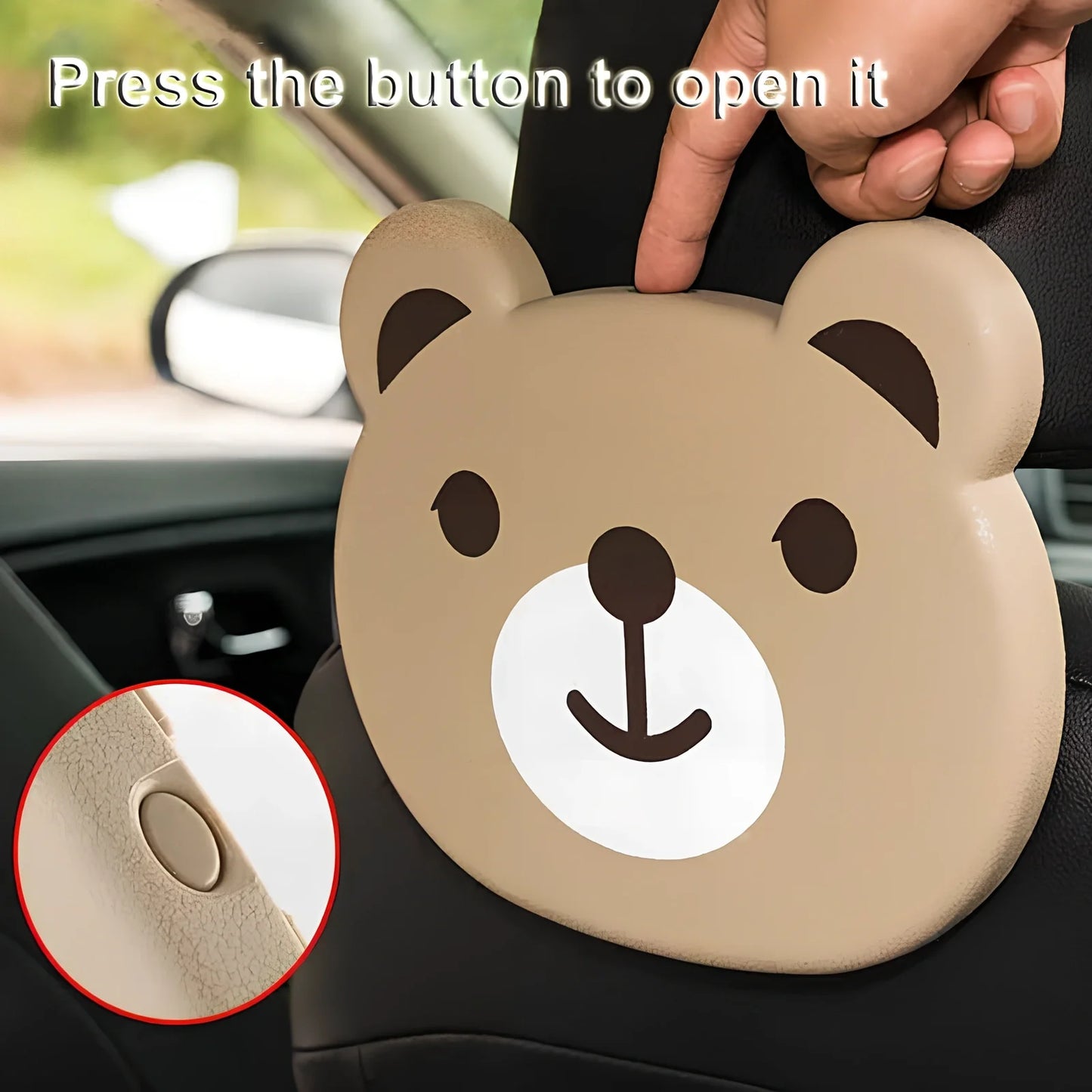 White child car seat table with 20x23.5cm surface and side hooks mounted on vehicle seat