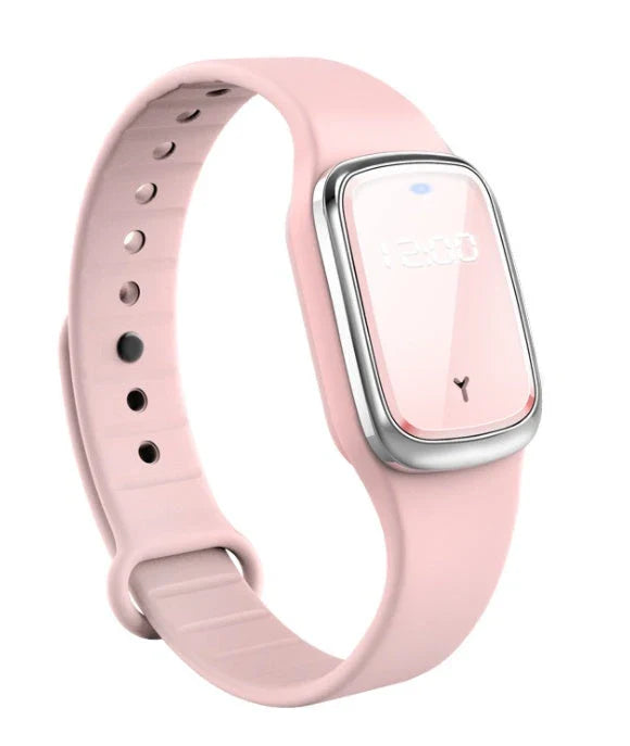 Ultrasonic mosquito repellent wristband in various colours, showcasing waterproof design and optional clock feature.