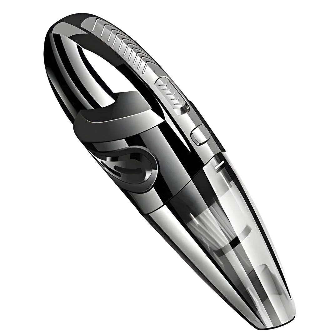 Black cordless handheld car vacuum cleaner with attachments on a grey surface
