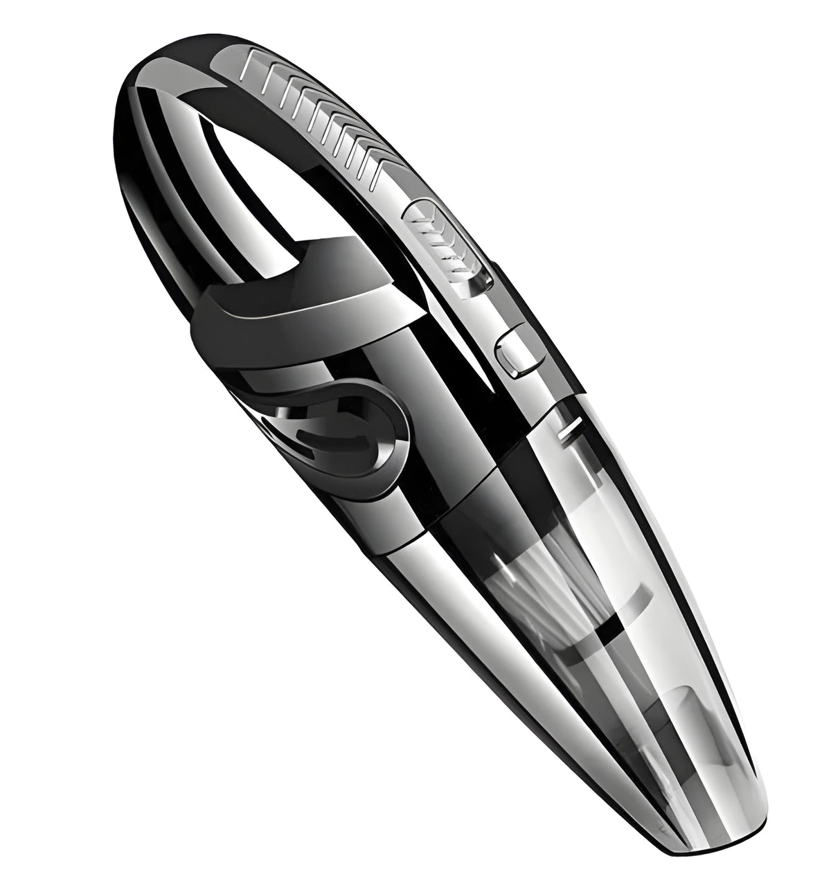 Black cordless handheld car vacuum cleaner with attachments on a grey surface