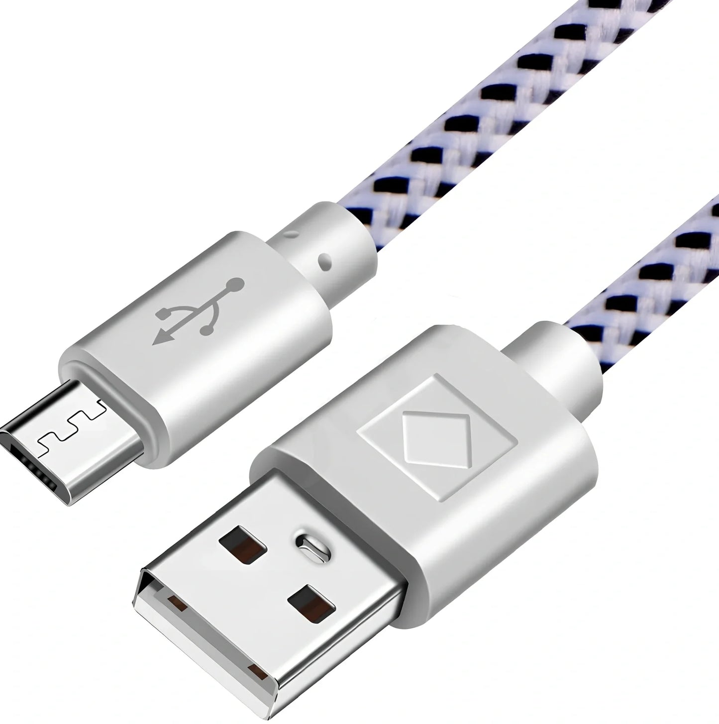 Woven nylon cloth data cable in multiple colours showing Android micro and USB-C connector options