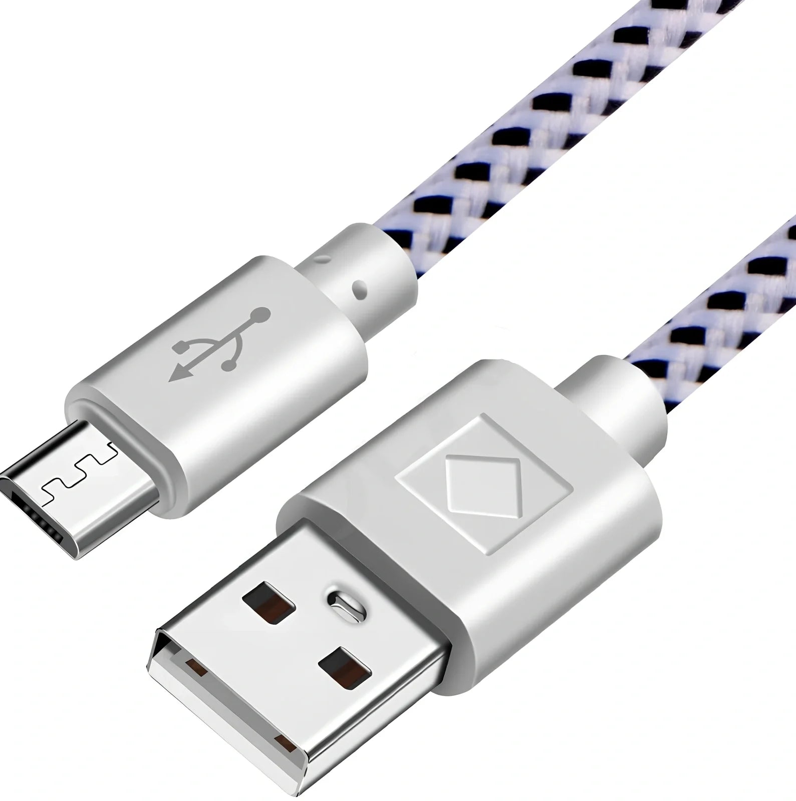 Woven nylon cloth data cable in multiple colours showing Android micro and USB-C connector options